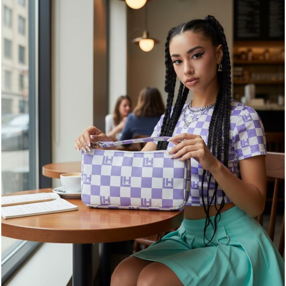 Local Heroes ✦ Vichy Checkered Baguette Bag ✦ Purple White Logo Shoulder Bag NWT